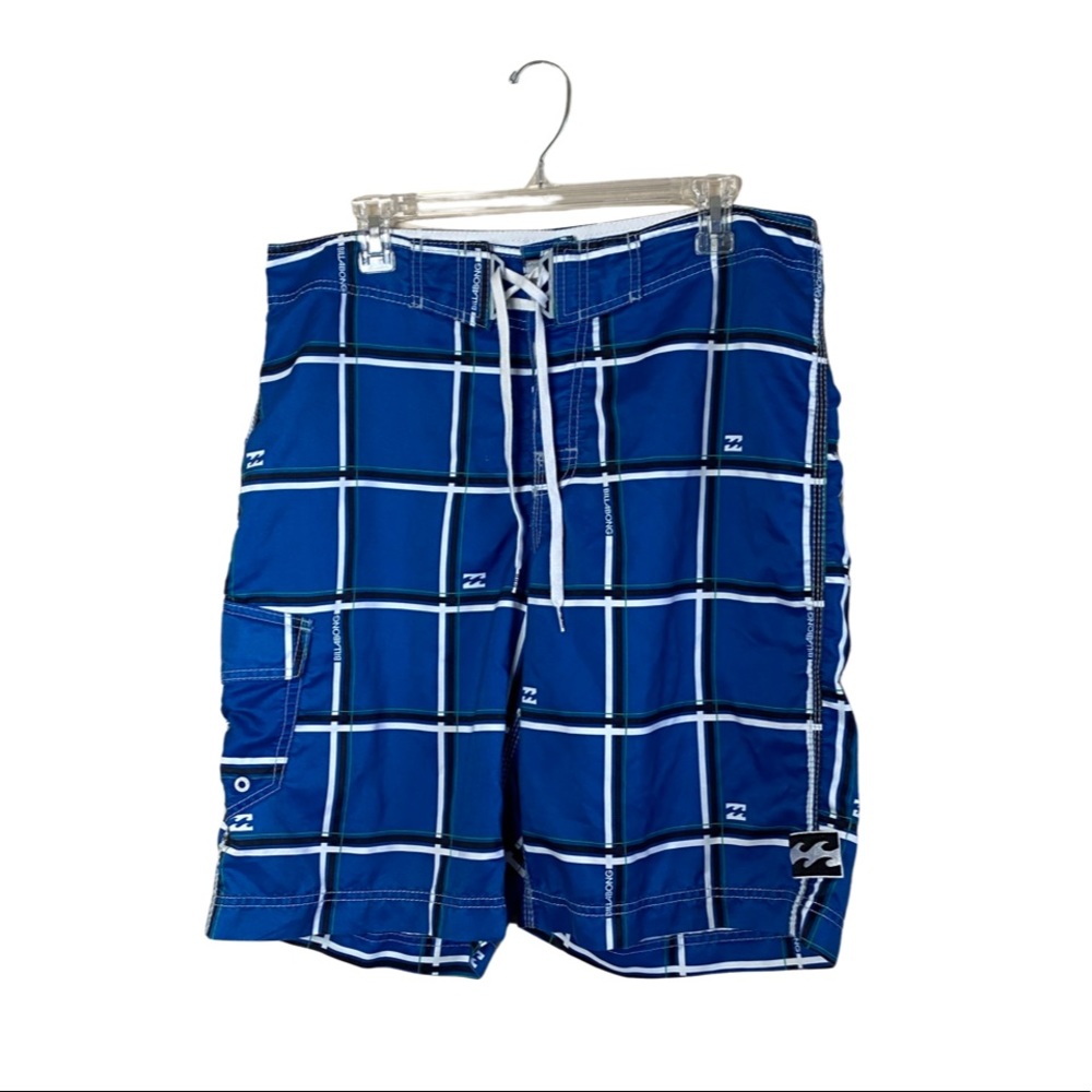 Billabong Blue & White Windowpane Plaid Swim Beach Surf Trunks Mens Size 34”